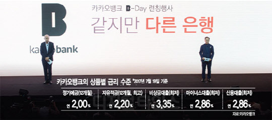 인터넷전문은행인 한국카카오은행 영업이 시작된 27일 오전 서울 서초구 반포 세빛섬 FIC컨벤션에서 열린 카카오뱅크 B-day '언베일링 세러머니'에서 이용우(왼쪽), 윤호영 카카오뱅크 공동대표가 관련 설명을 하고 있다.  유동일기자 eddieyou@